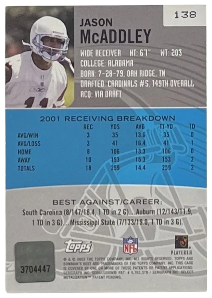 2002 Bowman's Best Blue #138 Jason McAddley RC Arizona Cardinals - Image 2 of 2