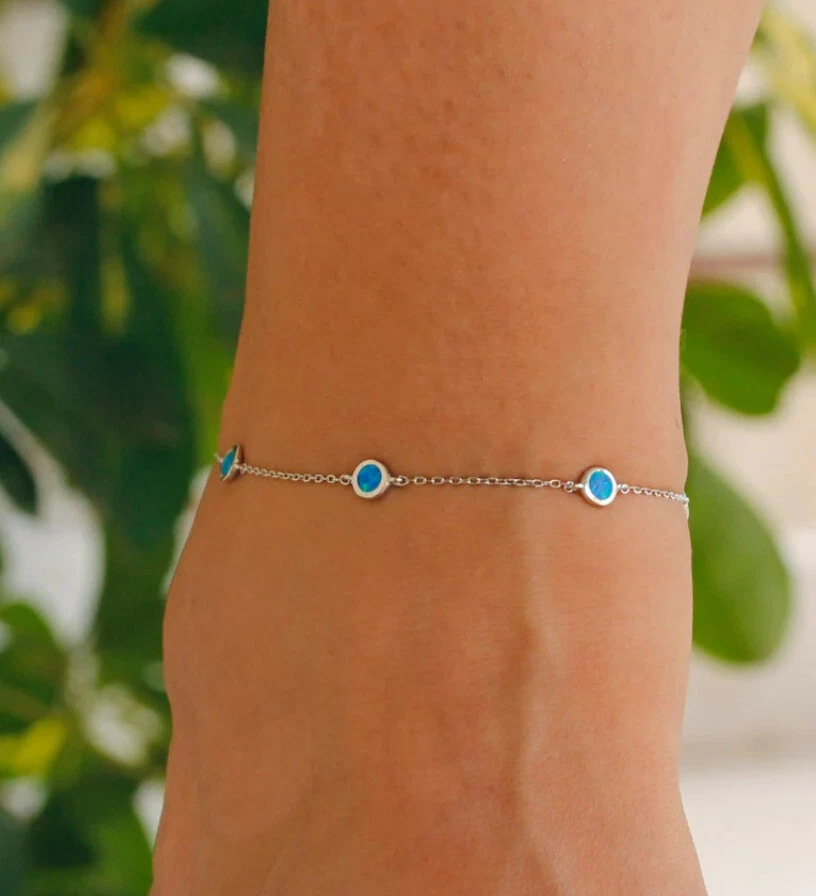 Anklet 1.30Ct Created Blue Opal Charm Women's Wedding Gift 14K White Gold Finish - Image 2 of 4