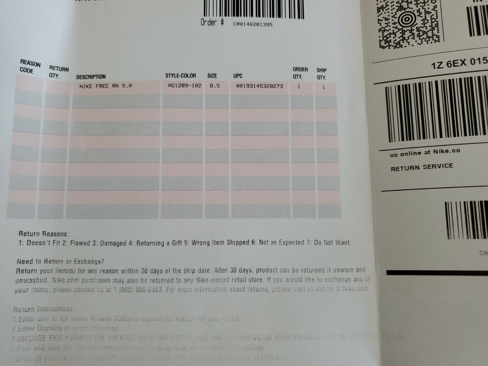 nike return reason codes