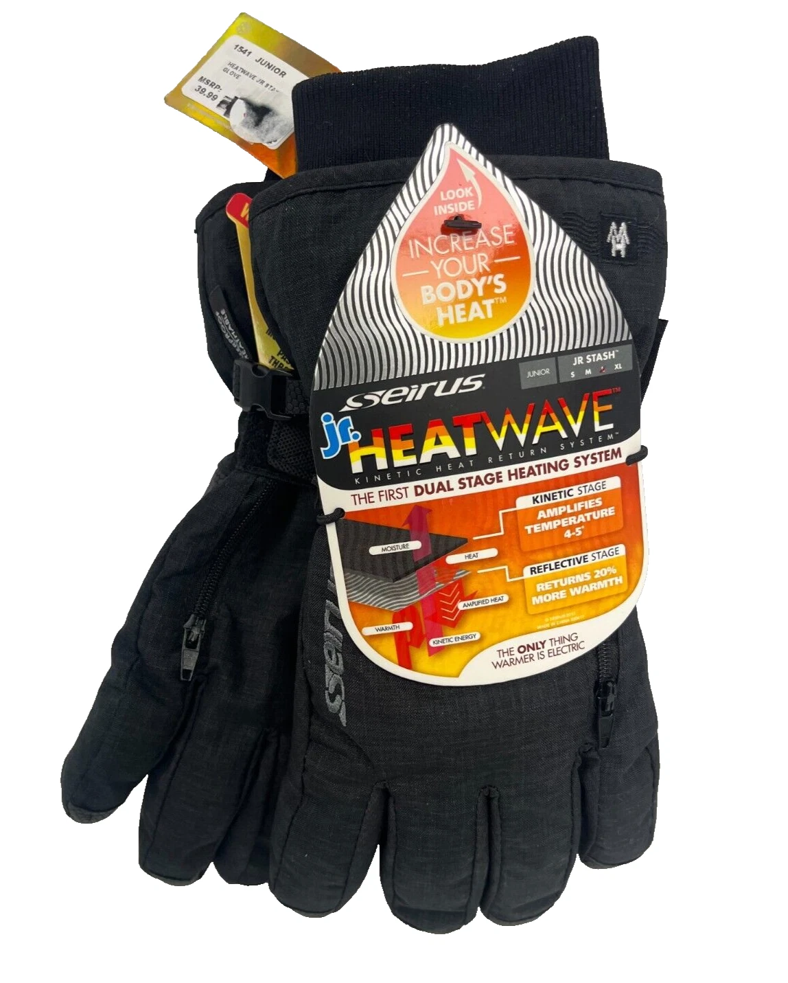 $40 Seirus Heatwave Jr Stash Winter Ski Glove NWT Size L Kid's Black Waterproof