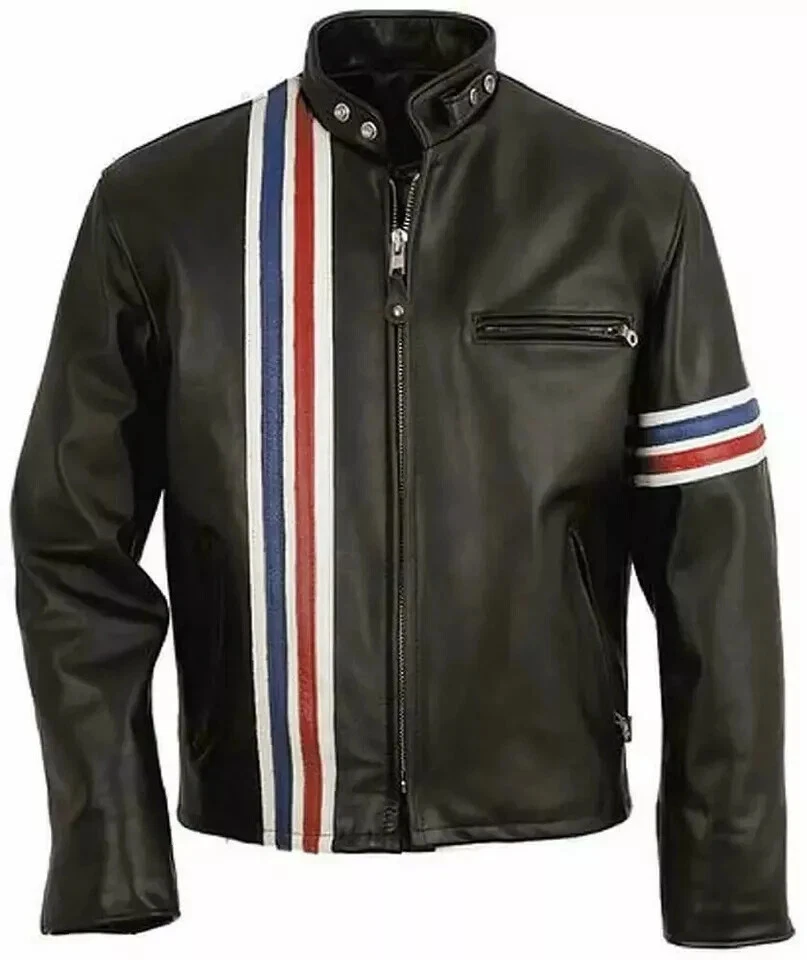 Men's Black USA Flag Real Leather Bomber Jacket Biker style Casual Wear