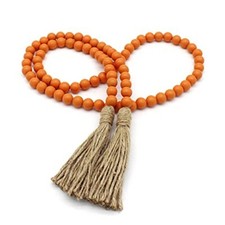 Wood Beads Garland with Tassels Farmhouse Rustic Wooden Prayer Bead Orange