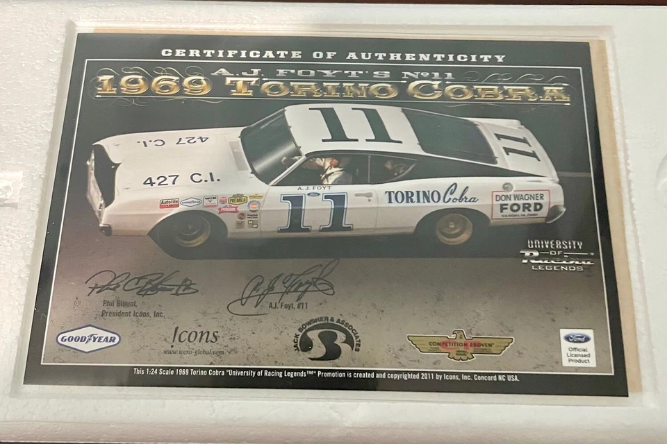 AJ FOYT AUTOGRAPHED 1968 URL DON WAGNER FORD TORINO COBRA DIECAST W/COA & CARD - Image 2 of 4