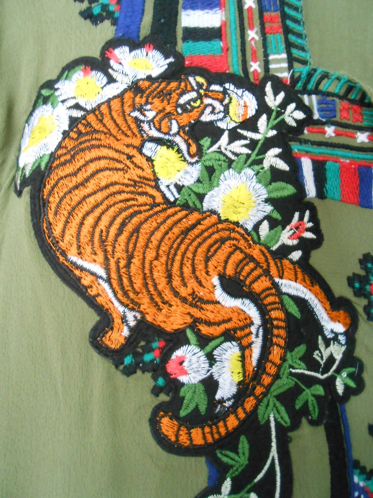 Fab BIBA tiger dress 18 green embroidered lined pockets superb cond