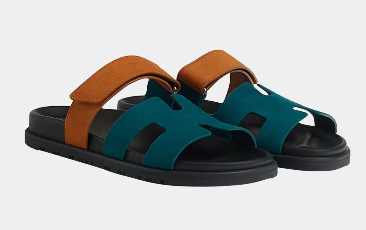 New Hermes Women Chypre Sandals Suede Green vert mousse/ naturel