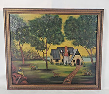 Genre painting girl playing fetch with an Irish setter dog folkart house lake
