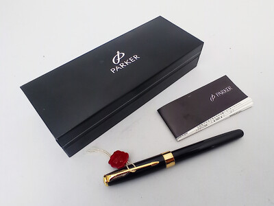 PARKER SONNET PREMIER SOLID BLACK LAQUE GT FOUNTAIN PEN 18K F NIB VTG 90s NOS