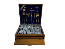 Bangkok Jewelry Bronze/Brass 142 Piece Flatware Original 3 Drawer Teakwood Case