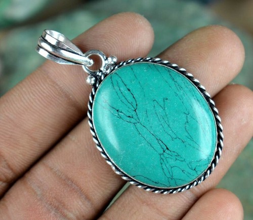 Pendentif Croix En Argent Massif 925 Avec Turquoise Naturelle Et Diamants - Taille 42x65mm - Neuf Sans Boîte