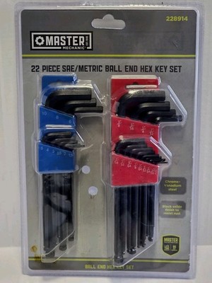 22 Piece Sae/Metric Ball End Hex Jey Set. Master Mechanic New