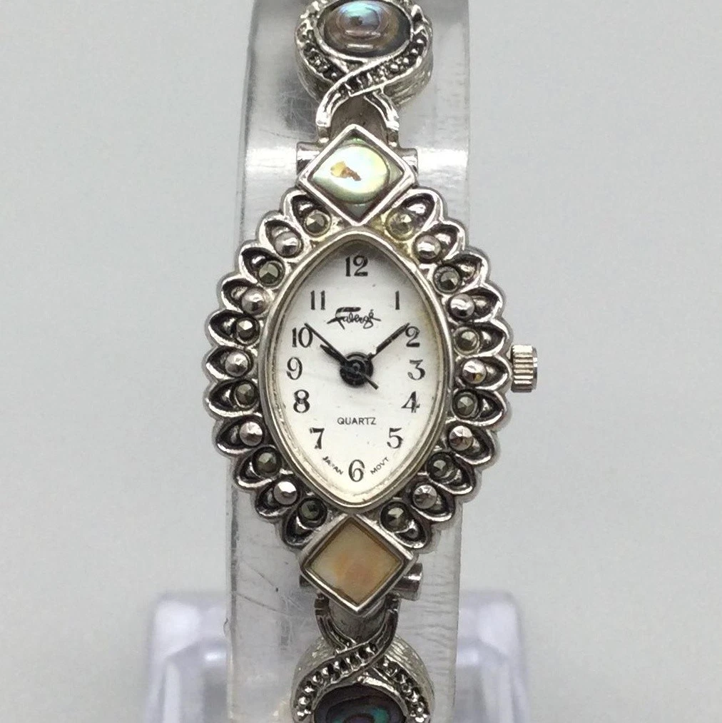 Vtg Faberge Womens Marcasite Watch 26mm Silver Tone Stretch Band New Battery Fabergé Ladies Watch Silver Tone Marcasite Crystal Bracelet  main image 3