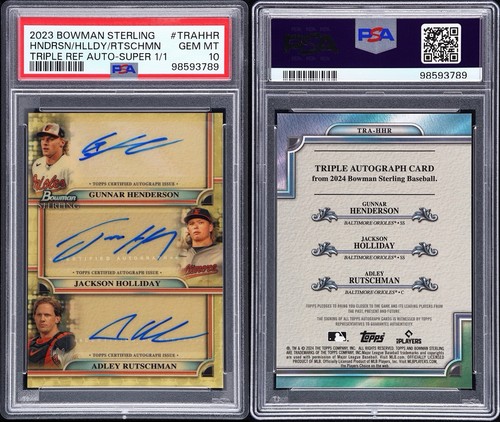 1/1 Bowman Auto SuperF Gunnar Henderson, Jackson Holiday, Adley Rutschman PSA 10
