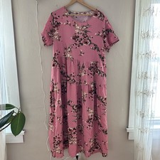 Unbranded Womens Pink Floral Tiered Midi Dress Size XL 100% Cotton Modest Church