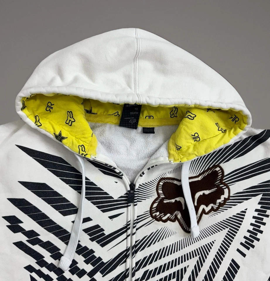Fox Racing Rockstar 连帽衫男式 L 白色拉链黄色衬里复古风格 45107 — 第 3/4 张图片