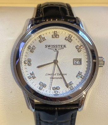 Swisstek Diamond Dial Swiss Watch Quartz Steel Case New In Box w Papers LE