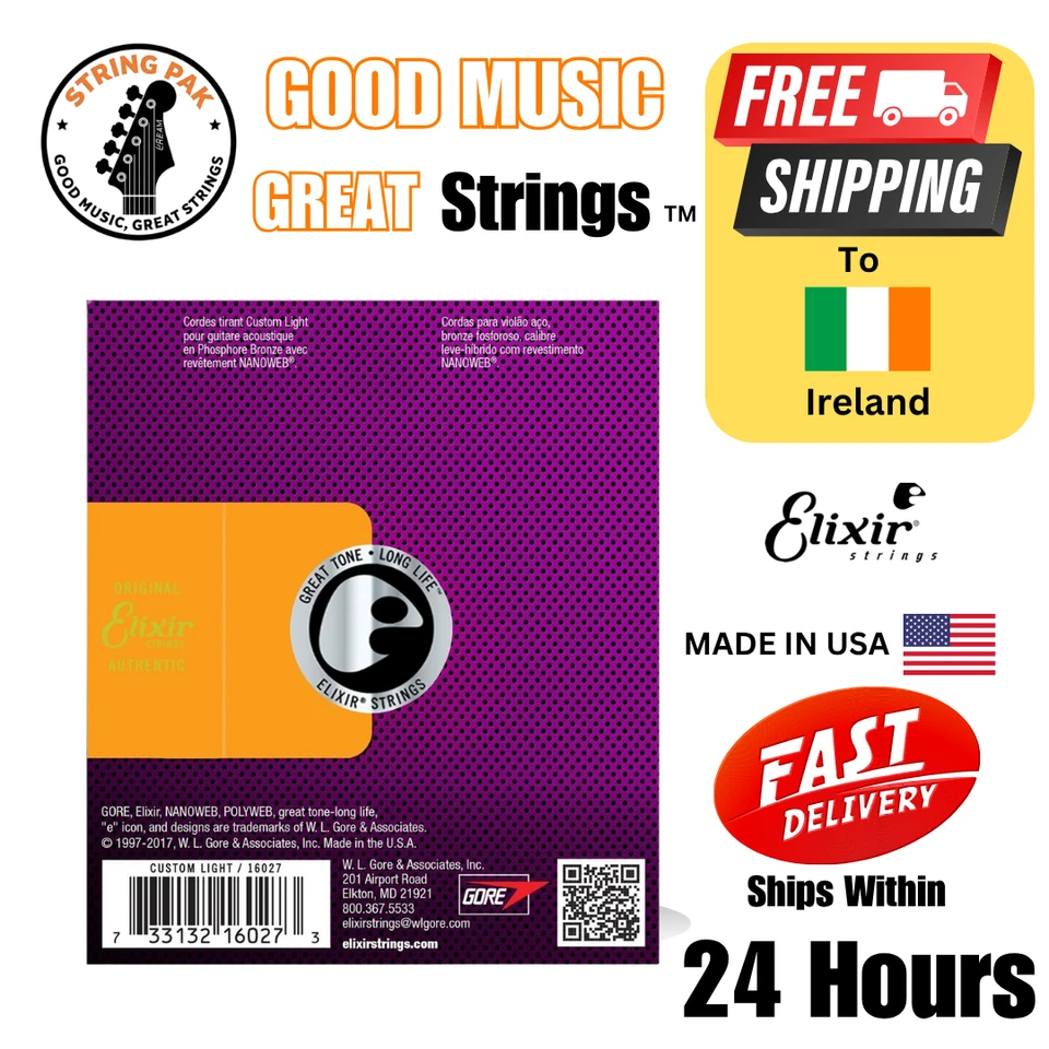 Elixir Acoustic Guitar Strings Nanoweb Phosphor Bronze 11-52 + 2 Strap Locks - Image 2 of 4