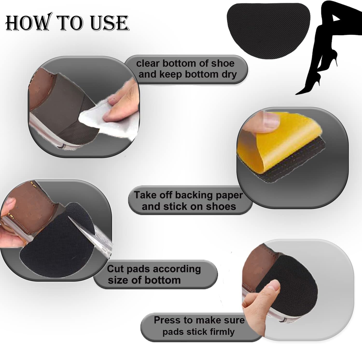 Non-Slip Shoes Pads Sole Protectors Adhesive, High Heels Black 4pairs 