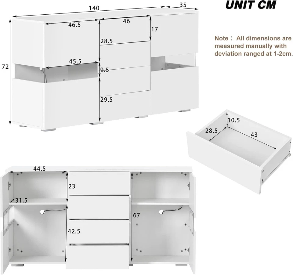 Modern White Sideboard Cabinet with 2 Doors, 4 Drawers & 16-Color LED Light - Image 2 of 4