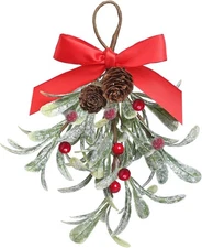 Christmas Artificial Mistletoe Ornament with Red Bow Snowy Berries... 