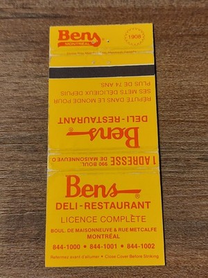 Vtg. Bens Deli-Restaurant, Montreal, Quebec Matchcover (N2)