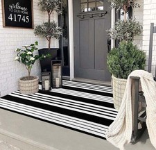 Black and White Outdoor Rug 3'x 5' Front Porch Rug Cotton Hand-Woven Striped ...