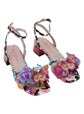 Betsey Johnson Maranda Black Multi Floral Butterfly Applique Block Heel Sz 8M