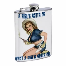 Vintage Cowgirl Hip Flask D4 8oz Stainless Steel Old Fashioned Retro