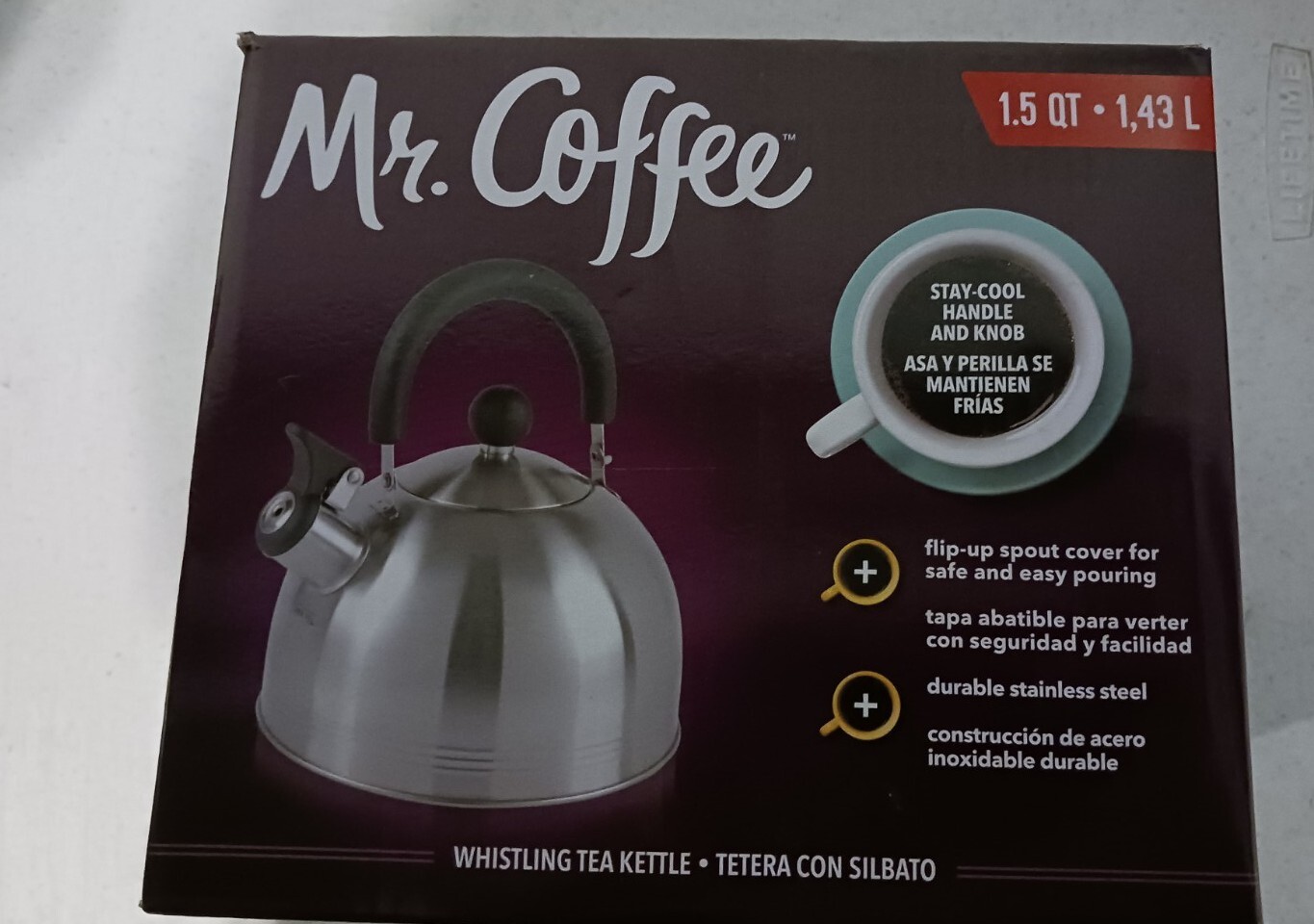 Mr. Coffee Carterton Stainless Steel Whistling Tea 1.5-Quart  stay cool handle