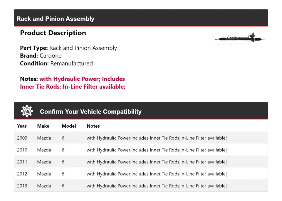 Conjunto de piñón y cremallera Cardone para Mazda 6 2009-2013 2010 2011 2012 Foto 2 de 4