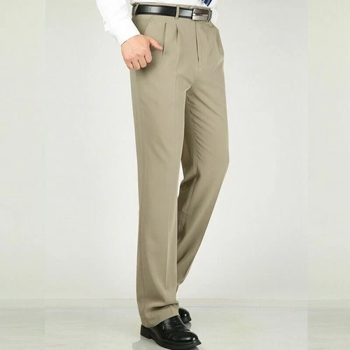 Men Formal Dress Pants Business Suit Straight Leg Trousers Pleated Front Solid - Picture 9 of 28