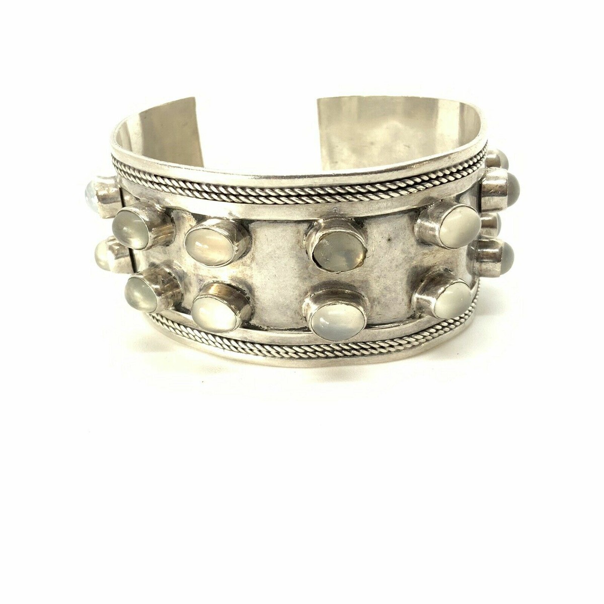 ANTIQUE VINTAGE ARTS CRAFTS SILVER JEWELED CABOCHON MOONSTONE CUFF