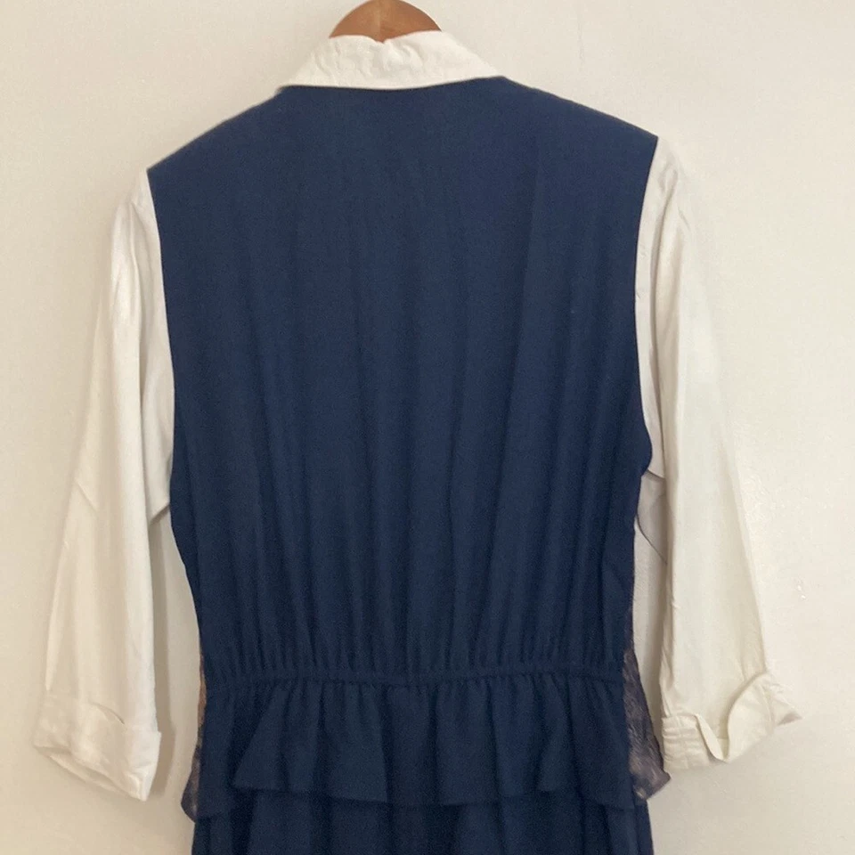 Vintage Dress Womens Medium White Navy Blue Shirtdress Vest 90s Mom Mid Flare Foto 4 de 4