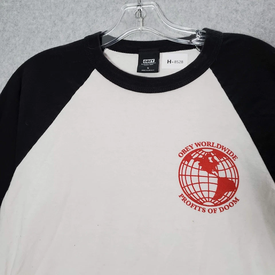 Obey Women Top Small White T-Shirt Logo Profits Of Doom Baseball Skate Y2K READ - Image 2 of 4