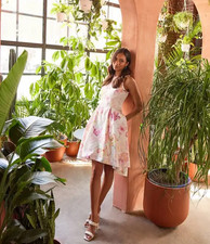 Adrianna Papell Women’s Jacquard Dress Pastel Pink Floral Mini Ruffles