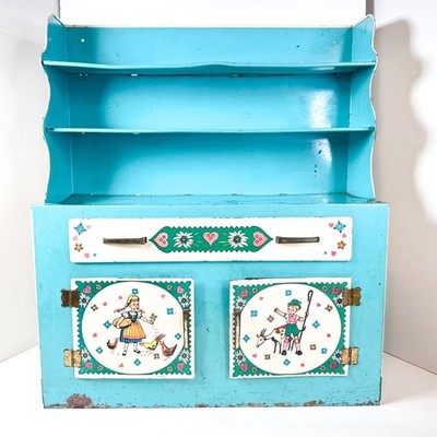 Vtg Wolverine Tin Litho Blue Ktchn Cabinet Toy Set 1950s Floral Rare Large ~20''H