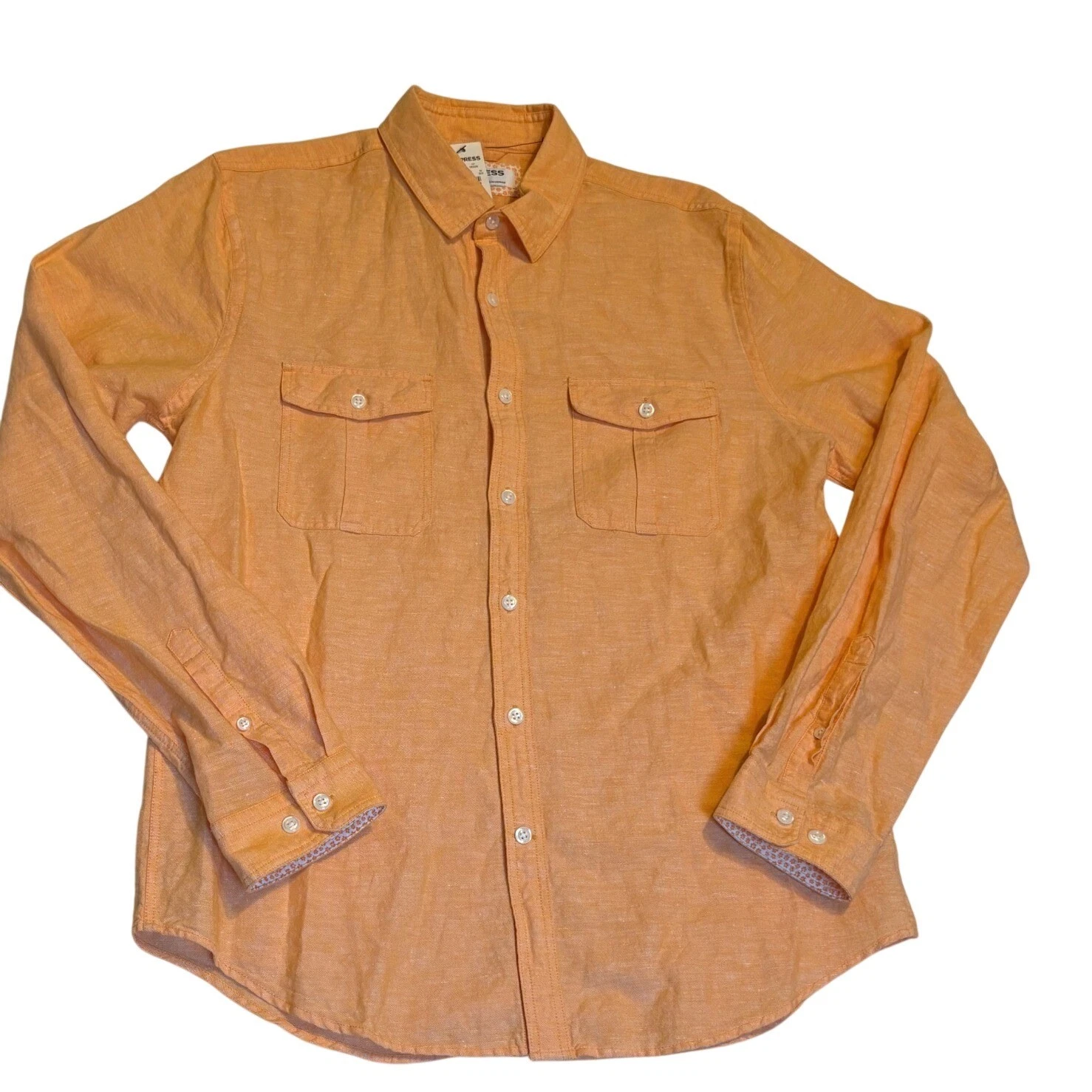 Express Button Up Shirt Mens Medium Orange Linen Cotton Blend Long Sleeve 9432