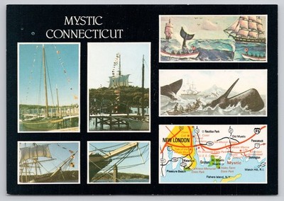 Mystic Connecticut Multi View Map Whaling Sailing Ships Postcard