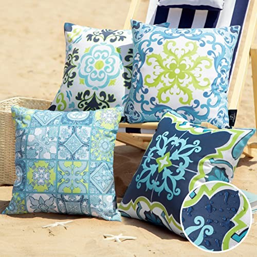 Set of 4 Outdoor Waterproof Throw Pillow 18" x 18" (Pack of 4) Navy/Blue/Green - Bild 1 von 6