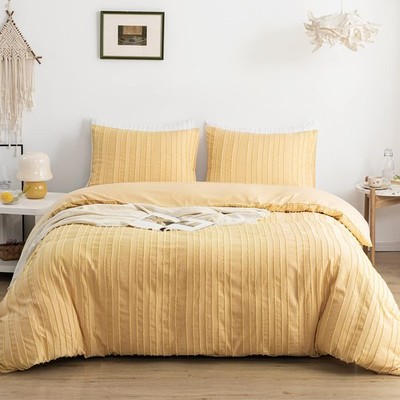 WARMDERN Yellow Boho Duvet Cover, Striped Textured Cover Twin, 