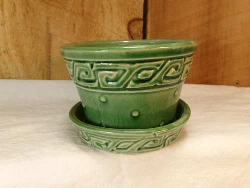 Vintage McCoy USA Pottery Greek Key Planter Pot with Attached Saucer