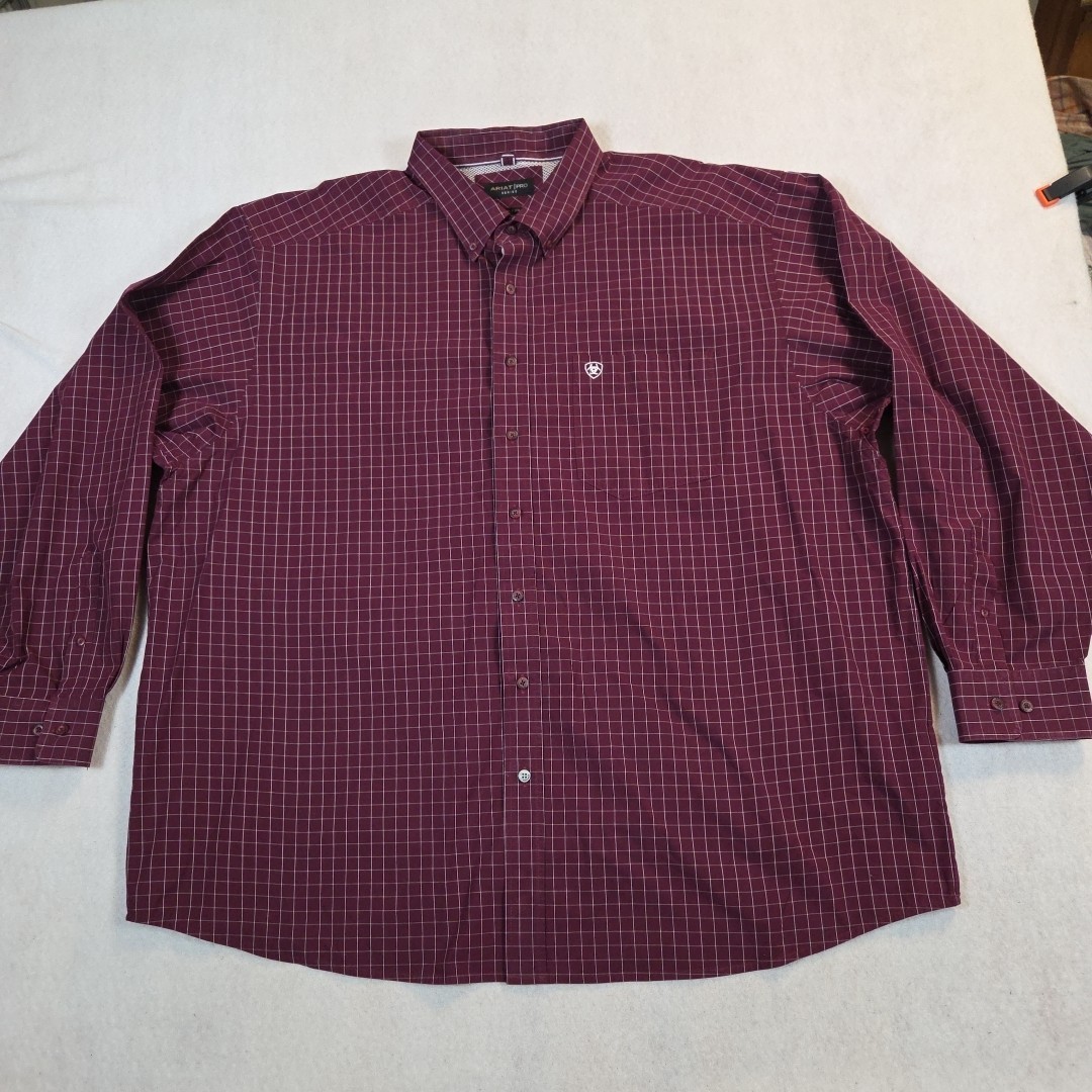 Ariat Shirt Men 3XL Maroon Check Button Up Pro Series Western Cowboy Pocket Work