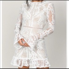 Tobi White Lace Long Sleeve Open Back Ruffle Mini Dress XS P39097 t3