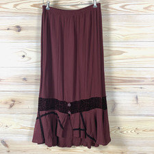 Vintage 50s Velvet Burnout Maxi Skirt Womens 10 Maroon Tiered Gypsy Whimsigoth