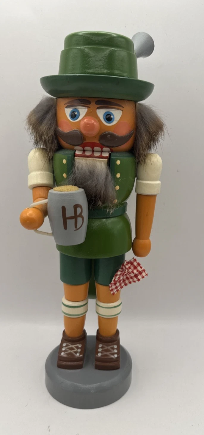 Vintage German wooden nutcracker Bavarian man with beer stein red handkerchief