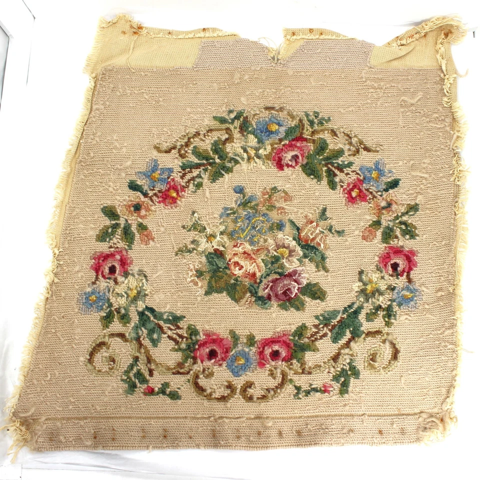 Antique Wool Needlepoint Roses Tapestry Chair Cover 17x18 Handmade Folk **READ - Image 3 of 4
