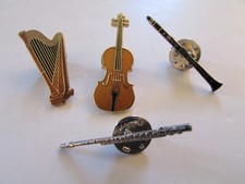1980's Orchestra Instruments Enamel Pushback Lapel Pins 4 Piece Lot