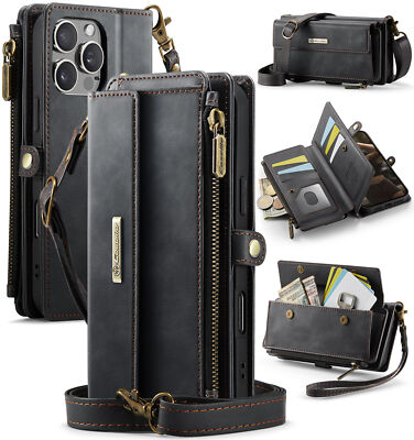 For iPhone 11 12 13 14 15 16 17 Pro Max Magnetic Leather Zipper Wallet Bag Case