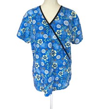 Absolute womens medium blue floral short sleeve v-neck pullover scrub top
