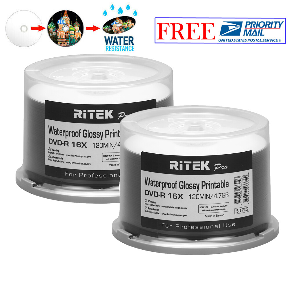 100 Ritek Pro DVD-R 16X 4.7GB Water Resistant Glossy White Inkjet ...