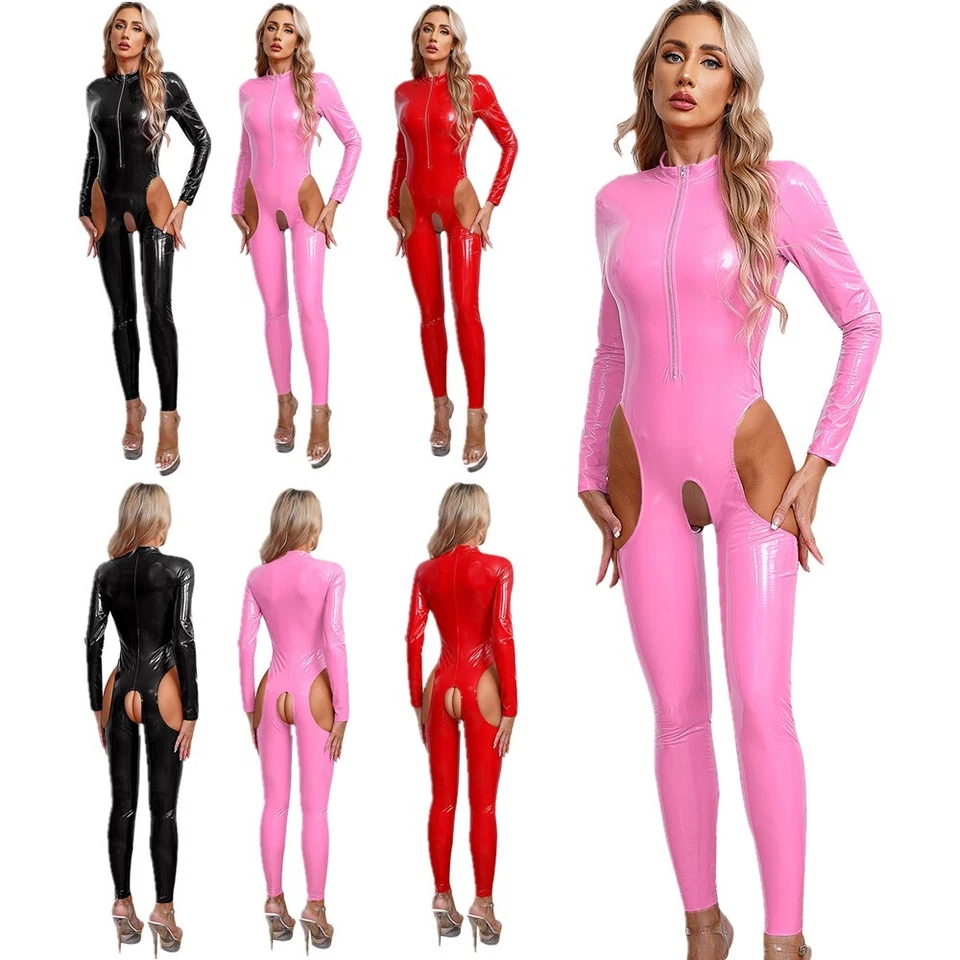 Damen Wetlook Bodysuit Catsuit Lack Leder Overall Langarm Jumpsuit mit Zipper - Bild 4 von 4